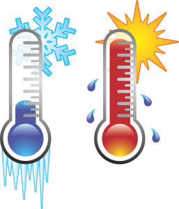 Heating and Cooling graphic showing two thermostats, one showing cooler temps and one showing hotter ones