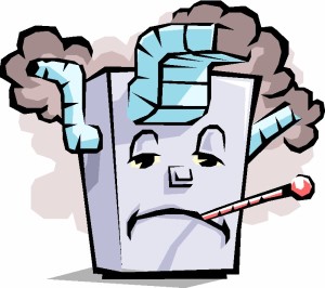 cartoon graphic of a smoking furnace with a thermometer in its mouth that needs heater repair