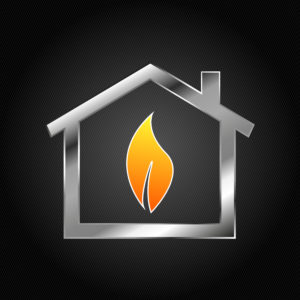graphic of a flame inside of a home signifying warmth of a heating unit