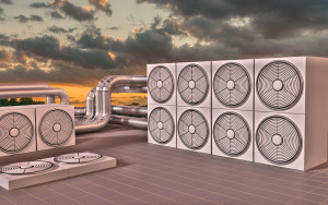 Commercial HVAC (Heating, Ventilating, Air Conditioning) units on roof at sun set. 3D illustration.